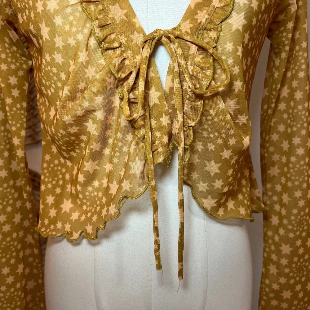 Free People Mustard Sheer Mesh Marne Top Star Print Ruffle Tie Front XS